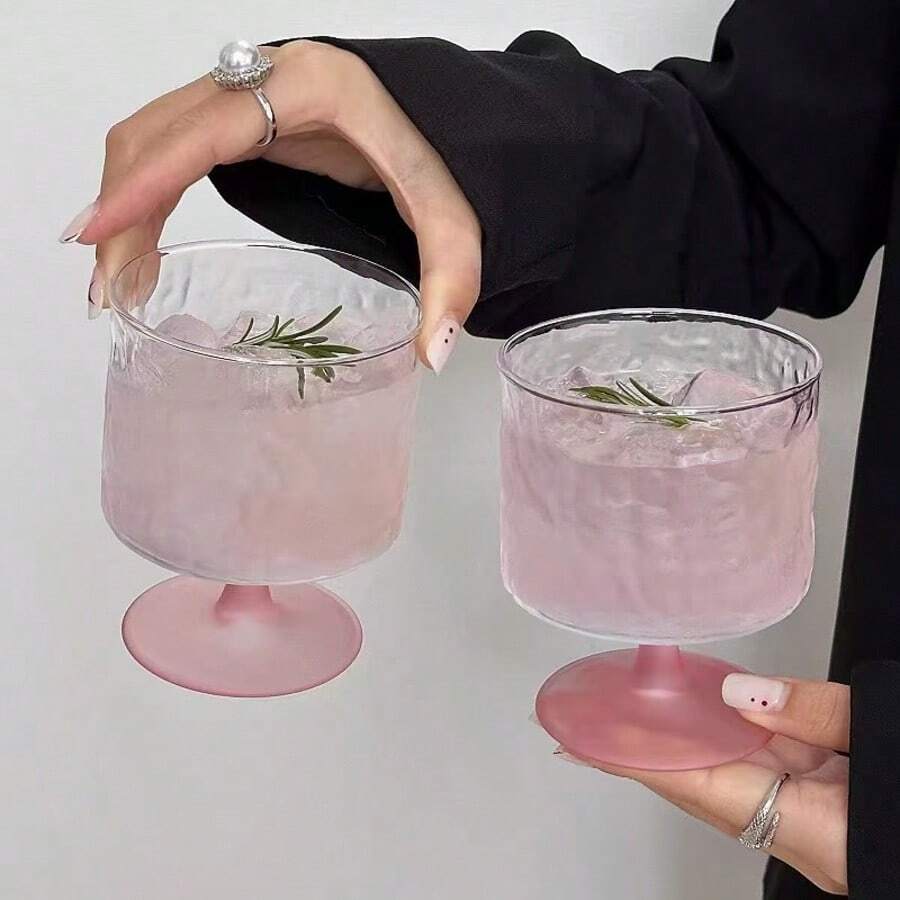 1pc/2pcs/6pcs Set Designer Frosted Pink Bark Texture High Foot Glass Coffee Cup Juice Cup Bubble Water Cup Beverage Cup - Pink - View 1