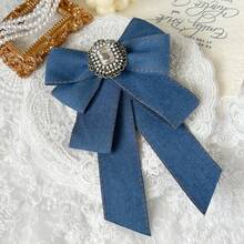 1pc Denim Pearl Rhinestone Crown Luxury Bow Brooch Tie Clip Lapel Pin Suitable For Daily Wear - Blue - View 2