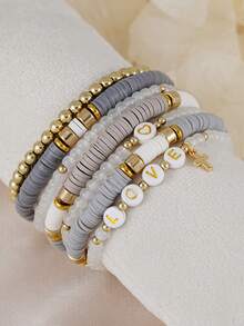 7Pcs Elastic Stackable Heishi Beaded Bracelet Set, LOVE Letter & Cross Charm Jewelry, Gray White Gold Bracelets For Daily Wear & Party - Multicolor - View 1
