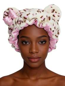 Women Cute Leopard Bear Ear Satin Lined Sleep Bonnet, Soft Plush Hair Wrap Cap For Curly Natural Hair Night Care - Multicolor 1pc - View 8