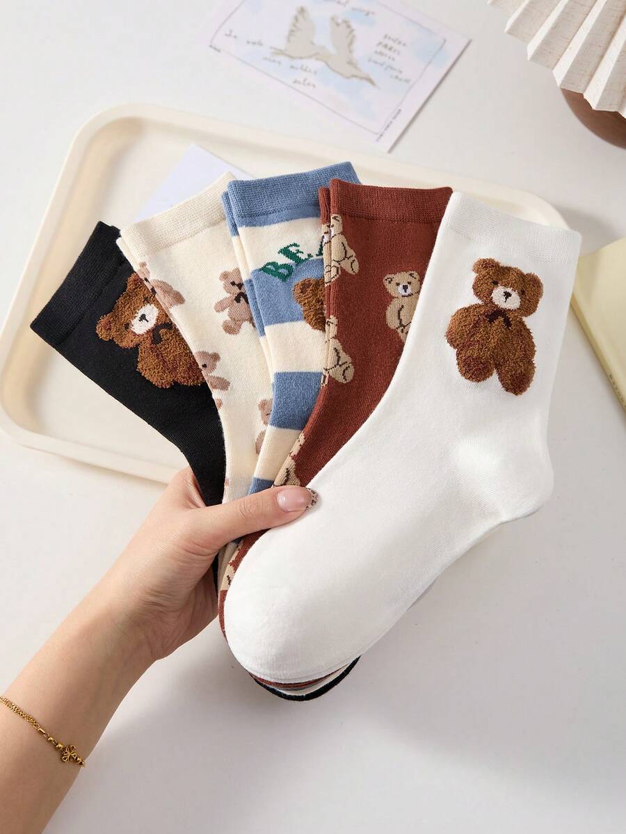 5 pares de calcetines de mujer con combinación multicolor, calcetines de media pantorrilla con doble capa de oso de peluche aterciopelado & patchwork a rayas, nuevo estilo para todas las estaciones - Multicolor - Ver 1