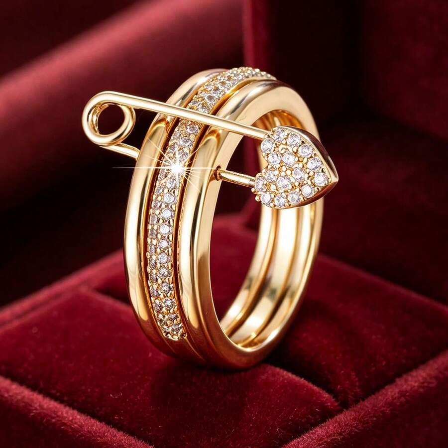 1pc Creative Heart-Shaped Brooch With Detachable Design & Cubic Zirconia Stones, Fashionable Ring For Women - Multicolor - View 1