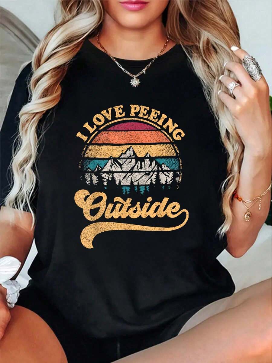 100% Cotton Funny I Love Peeing Outside Saying Flowers T-Shirt Classic Comfort Shirt For Women Graphic Tee Fashion Vacation Tops - Black - View 1