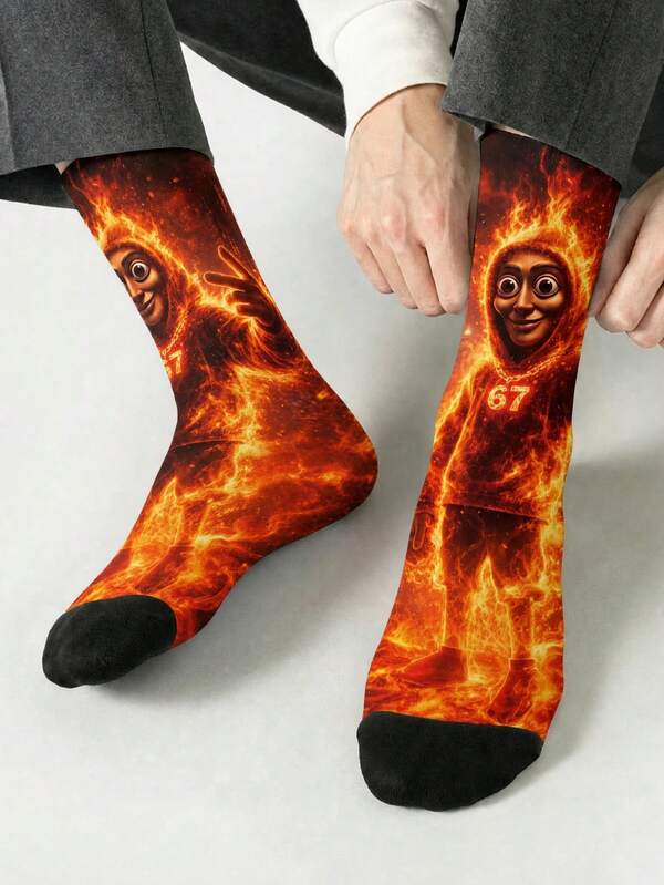 1/2 Pairs BIIHUDU Men's Italian Brainrot Meme Socks - Fire Meme-Man 67 Hoodie/67-Kid Meme-Man Red FireVersion Printed Socks, Mid-Calf Socks, Cartoon, Cute, Soft, Breathable, Fashion, Casual, Streetwear, All-Over Print Design, Back To School, Funny Socks