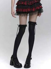 1 Pair Black Over-The-Knee Socks, Creative Lace, Bow And Ribbon Design, Pure Black, Versatile And Easy To Match - Black - View 6