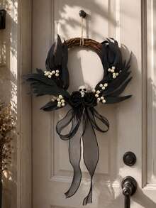 1pc Halloween Black Vine Wreath, Skull Rose Door Hanging, Black Leaf Door Decor, Woven Round Wreath, Gothic Style Door Ring, Front Door Hanging Decoration, Entryway Wall Hanging, Halloween Porch Decoration, Skull Wreath, Black Rose Decor, White Berry Accents, Gauze Ribbon Bow Hanging Decoration, Party Photo Prop, Suitable For Front Door, Living Room, Fireplace, Wall, Windowsill, Display Window, Coffee Corner, Restaurant, Office, Party Table, Halloween Holiday Decoration, Can Be Used For Doorway Welcome Decoration, Indoor Wall Hanging - Gothic Style Ornament C - View 10