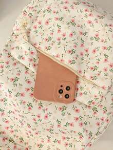 1pc White Nylon Floral Print Double Zipper Large Capacity Fashion Versatile Backpack, Student Bag - White - View 7