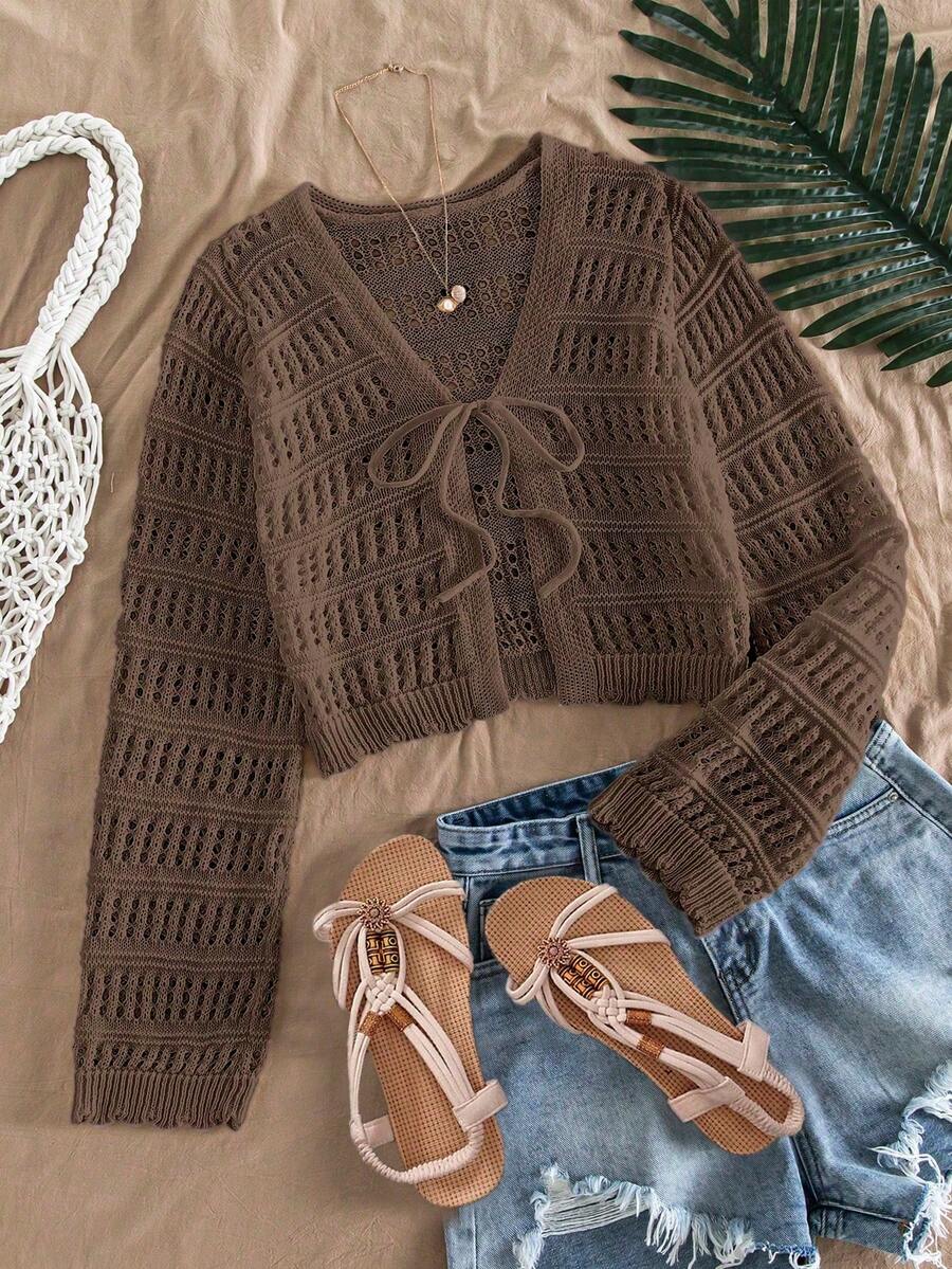 Crochet Hollow Out Cropped Cardigan Women Lightweight Open Front Knit Cover Up Beach Vacation Summer Daily Casual Outfit - Brown - View 1