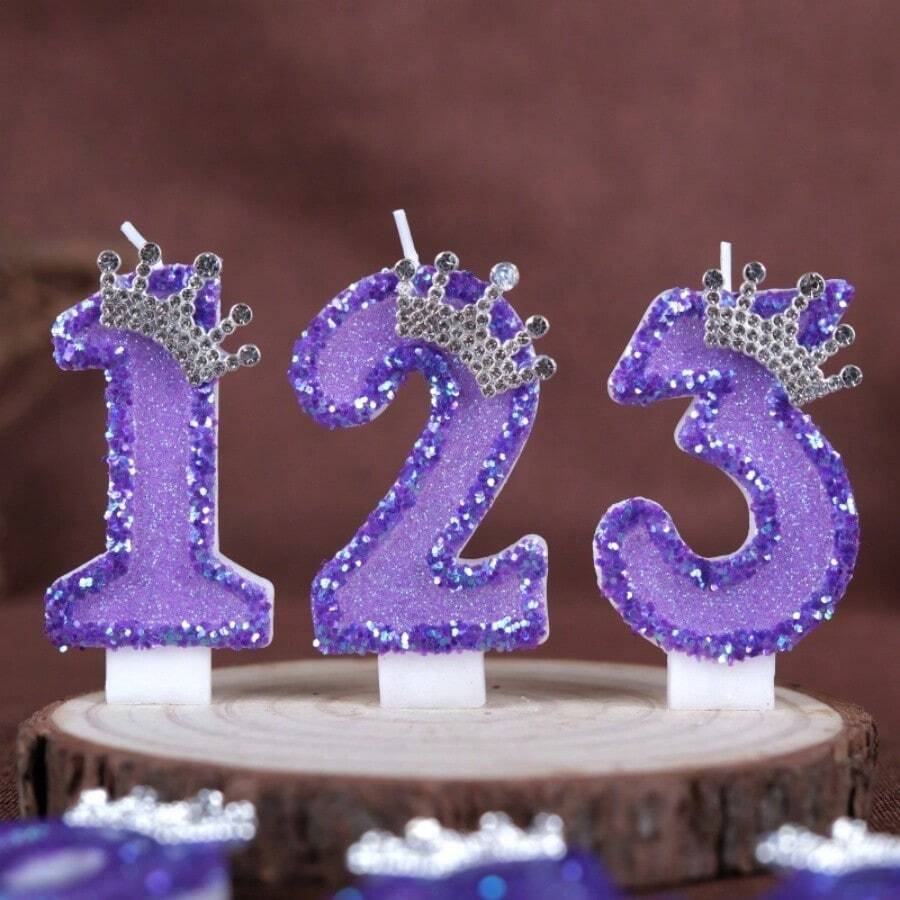 1件裝數字生日蠟燭，銀色皇冠裝飾蛋糕蠟燭，0-9紫色亮粉數字蠟燭，適用於生日蛋糕、大型節日派對，男女皆宜
