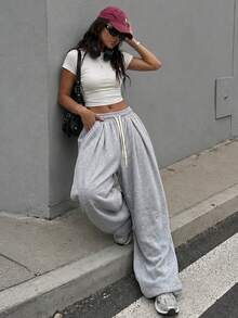 Women's Light Gray Wide Leg Sweatpants, Oversized Loose Drawstring Elastic Waistband Pocket Pants, Autumn Back To School Streetwear Style Sports - Light Grey - View 2
