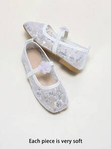 Girls' Sequin Embroidered Mesh 3D Flower Decor Breathable Non-Slip Square Toe Elastic Strap Flat Princess Mary Jane Shoes For School, Party, Wedding, Performance, Formal Dress - White - View 7
