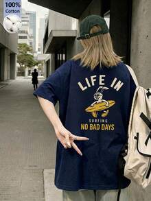 Kaos Wanita Gaya Jepang Model Longgar Leher Bulat Lengan Pendek dengan Motif Huruf & Kelinci, Kasual Musim Semi/Panas - Navy Blue - View 3