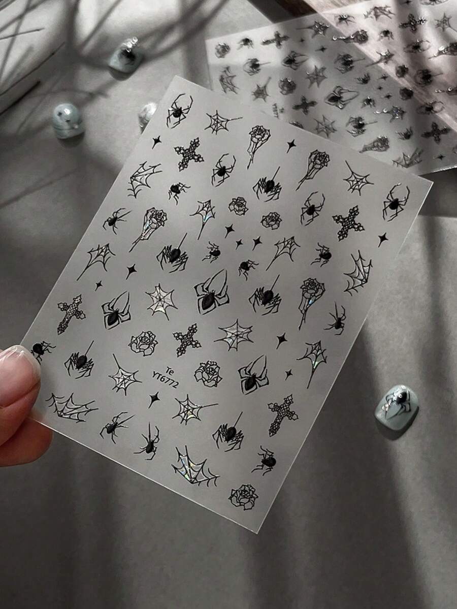 1 Sheet 3D Embossed Skeleton Nail Stickers, Pastel Skull Hand Gesture Nail Decals, Self-Adhesive Gothic Cute Nail Art - Multicolor - View 1