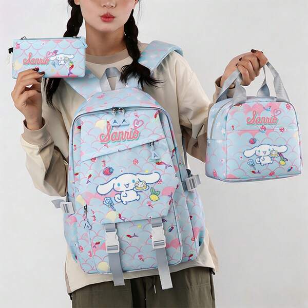Miniso Sanrio Cinnamoroll Dessert Print Mermaid Scale 3PCS Backpack Set, Casual Backpack Kit With Hand Carry Lunch Bag & Pencil Case, Lightweight Bookbag For