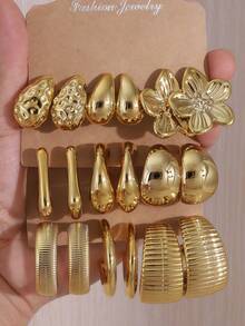 6/18件套镀金女士耳环套装 - 五瓣花形超大条纹C形几何纹理耳环和水滴形耳钉，日常佩戴饰品，馈赠亲友佳品 - 五葉花C型耳環 - 查看 1