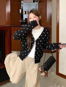 Fashionable Cute Polka Dot Long Sleeve Knit Cardigan - Black - View 4