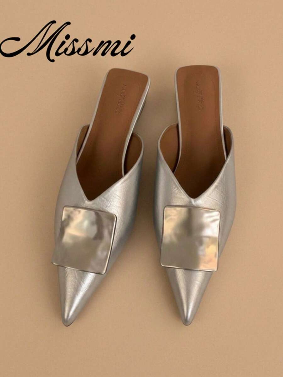 French Style Metal Square Buckle Closed Toe Slippers Women Outdoor Wear 2026 New Summer Slip-On Pointed Toe Fairy Sandals - Silver - View 1
