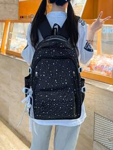 星空 BLC 字母刺繡後背包，大容量防水大學風學生書包，全身細緻星空印花，3D BLC 字母刺繡，大學風多口袋功能後背包，多隔層收納設計，可將書本、文具、筆記本整理整齊，寬壓減壓肩帶，長時間穿戴舒適，適合學校、補習、通勤、購物、旅行及開學季 - 彩色 - 查看 16