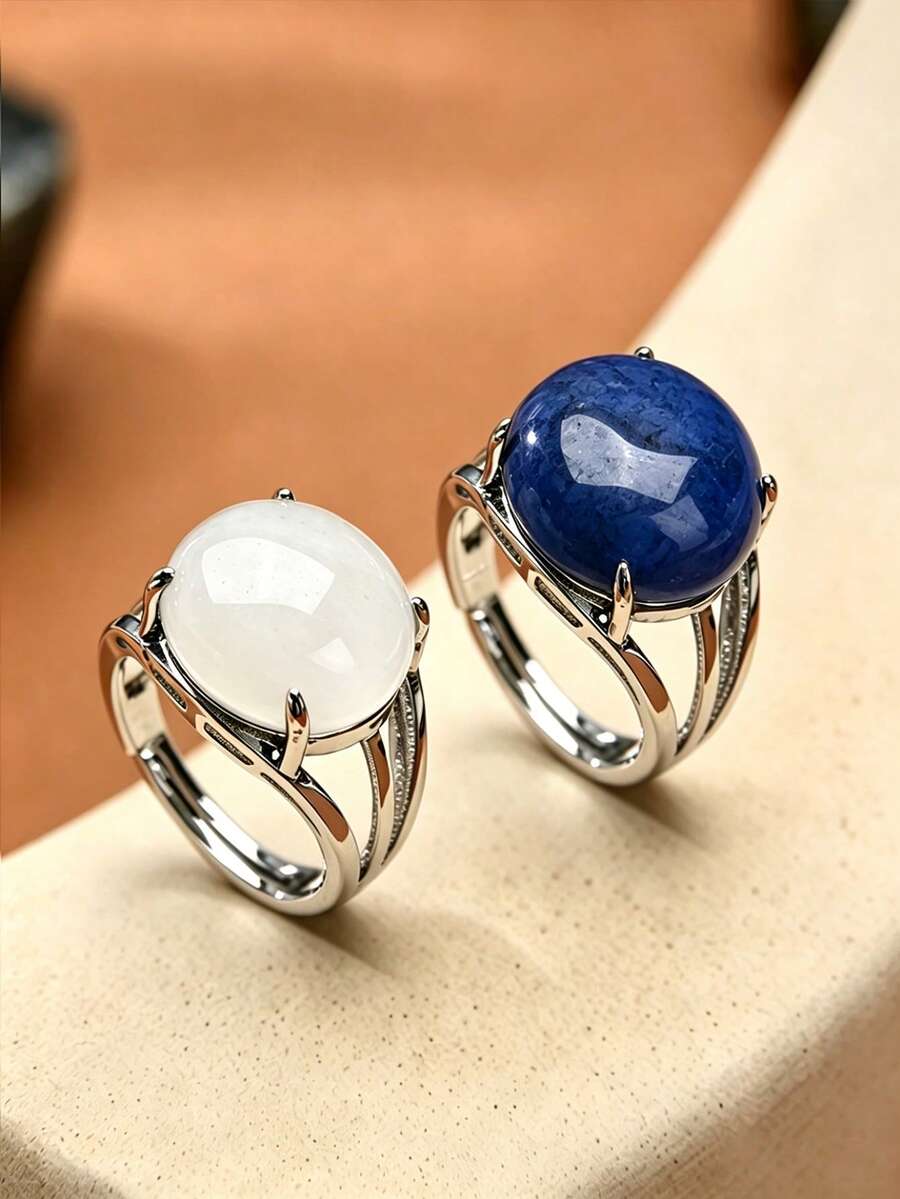 2pcs Fashion Natural Stone Natural Crystal White Crystal And Lapis Lazuli Open Ring Set, Mother's Day Valentine's Day Birthday Gift - White Crystal and Lapis Lazuli - View 1