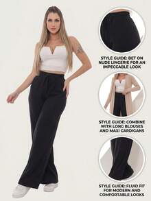 High-Waisted Wide-Leg Pants With Crease, Plain Wool, For Winter. - 黑色 - 查看 4