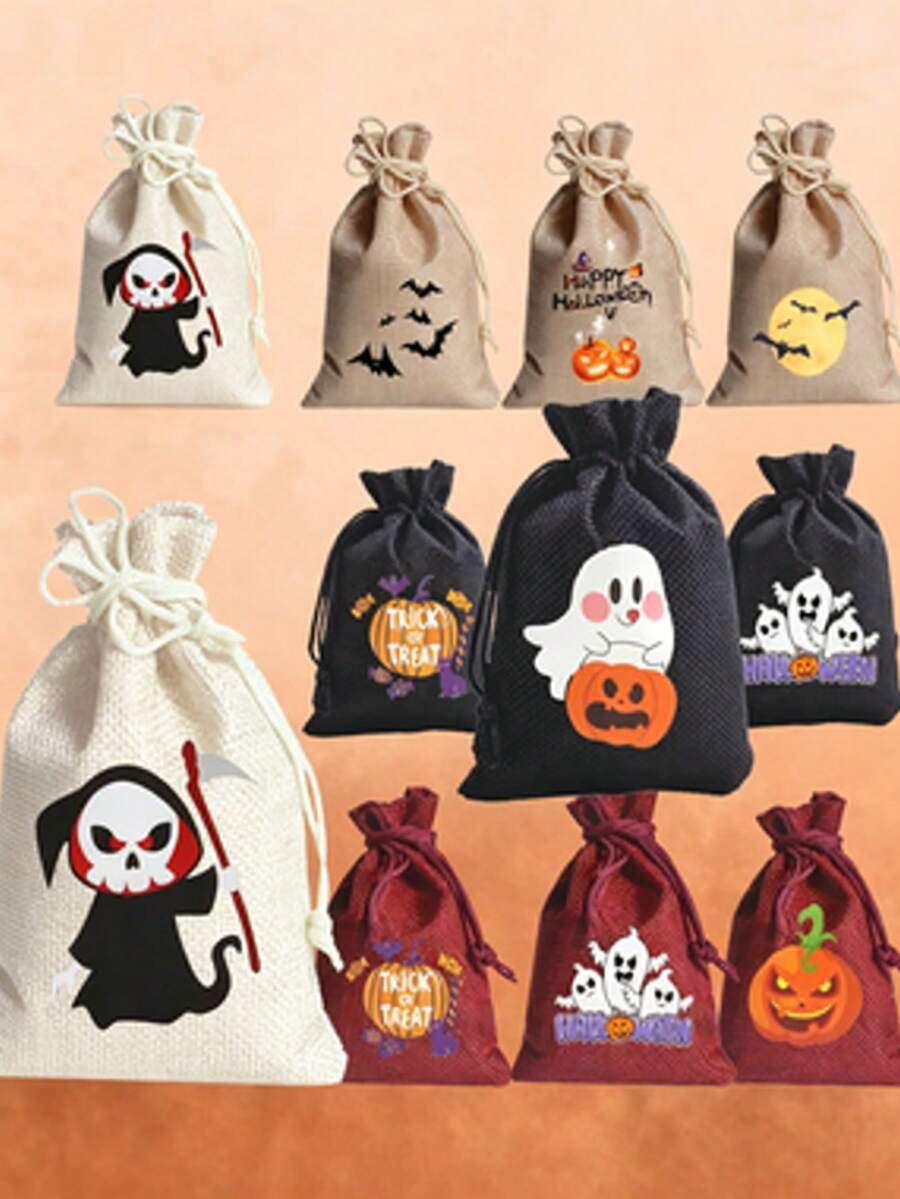 3pcs New Halloween Burlap Drawstring Pouch Bags For Cookies And Candy Storage, Halloween Gift Decoration Drawstring Bags - Style 1 - View 1