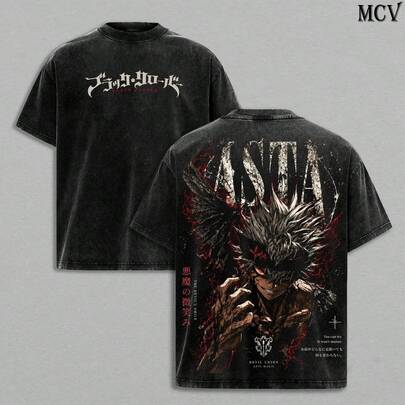 Camiseta Vintage Lavada Asta Black Clover – Camiseta con Gráfico de Caballero Anti-Magia, Top de Algodón Grueso de Estilo Urbano para Fanáticos del Anime