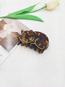 1pc Golden Line Lazy Cat Acrylic Hair Claw, Retro Marble Shell Pattern Cute Animal Jaw Clip For Women Hair Styling - Multicolor - View 4