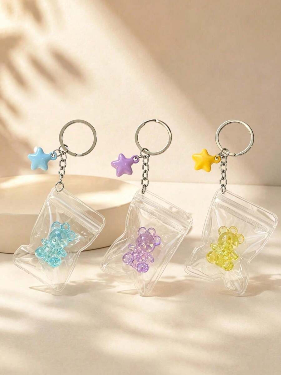 1pc Unisex Electroplated Colorful Bear & Star 3D Acrylic Pendant With Transparent Bag, Creative Bag & Key Keychain Accessory - Multicolor - View 1