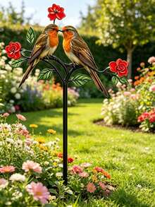 1 pieza Estaca de jardín de metal con petirrojo, petirrojo pintado a mano con doble amor y rosa roja, decoración de arte de jardín, adorno de pájaro y flor de hierro resistente a la oxidación para exteriores, decoración de señal de jardín con pareja de pájaros románticos, adecuado para césped, patio, patio trasero, decoración de boda - Multicolor - Ver 5