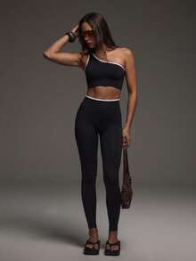 PinkTip High Waist Yoga One Shoulder Cropped Top And Leggings Set, Suitable For Gym, Pilates Practice And Street Wear - Black - View 4