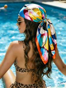 Pañuelo de satén con estampado geométrico abstracto colorido para mujer, banda de cabello cuadrada de seda extragrande, accesorio multifuncional de protección solar, adecuado para vacaciones en la playa, piscina, resort tropical y festival de música - Multicolor - Ver 4