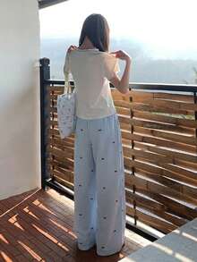 Celana Panjang Wanita Garis Biru Model Lebar, Celana Kasual Lurus Musim Panas dengan Desain - Baby Blue - View 6