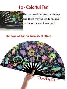 Large Foldable Handheld Rave Fan, Y2K Folding Fan, Suitable For Line Dancing, Music Festivals, Carnivals, Rainbow Outfits, Disco, Neon Party Decor, Mushroom Pattern, Dance Performance Decoration Gift - View 9