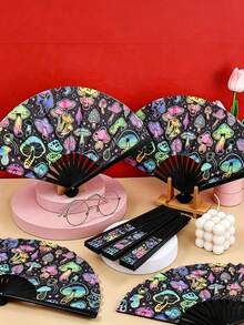 Large Foldable Handheld Rave Fan, Y2K Folding Fan, Suitable For Line Dancing, Music Festivals, Carnivals, Rainbow Outfits, Disco, Neon Party Decor, Mushroom Pattern, Dance Performance Decoration Gift - View 4