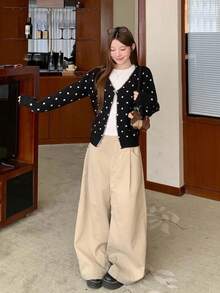 Fashionable Cute Polka Dot Long Sleeve Knit Cardigan - Black - View 2