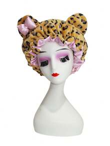 Women Cute Leopard Bear Ear Satin Lined Sleep Bonnet, Soft Plush Hair Wrap Cap For Curly Natural Hair Night Care - Multicolor 1pc - View 10