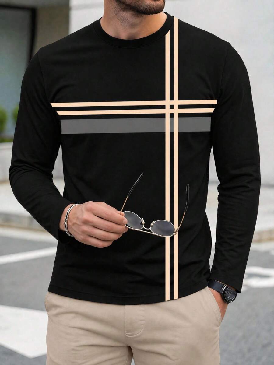 Men's Solid Color Base Premium Contrast Color Horizontal & Vertical Striped Casual Long Sleeve T-Shirt | Loose Fit Comfortable Top Versatile - Black - View 1