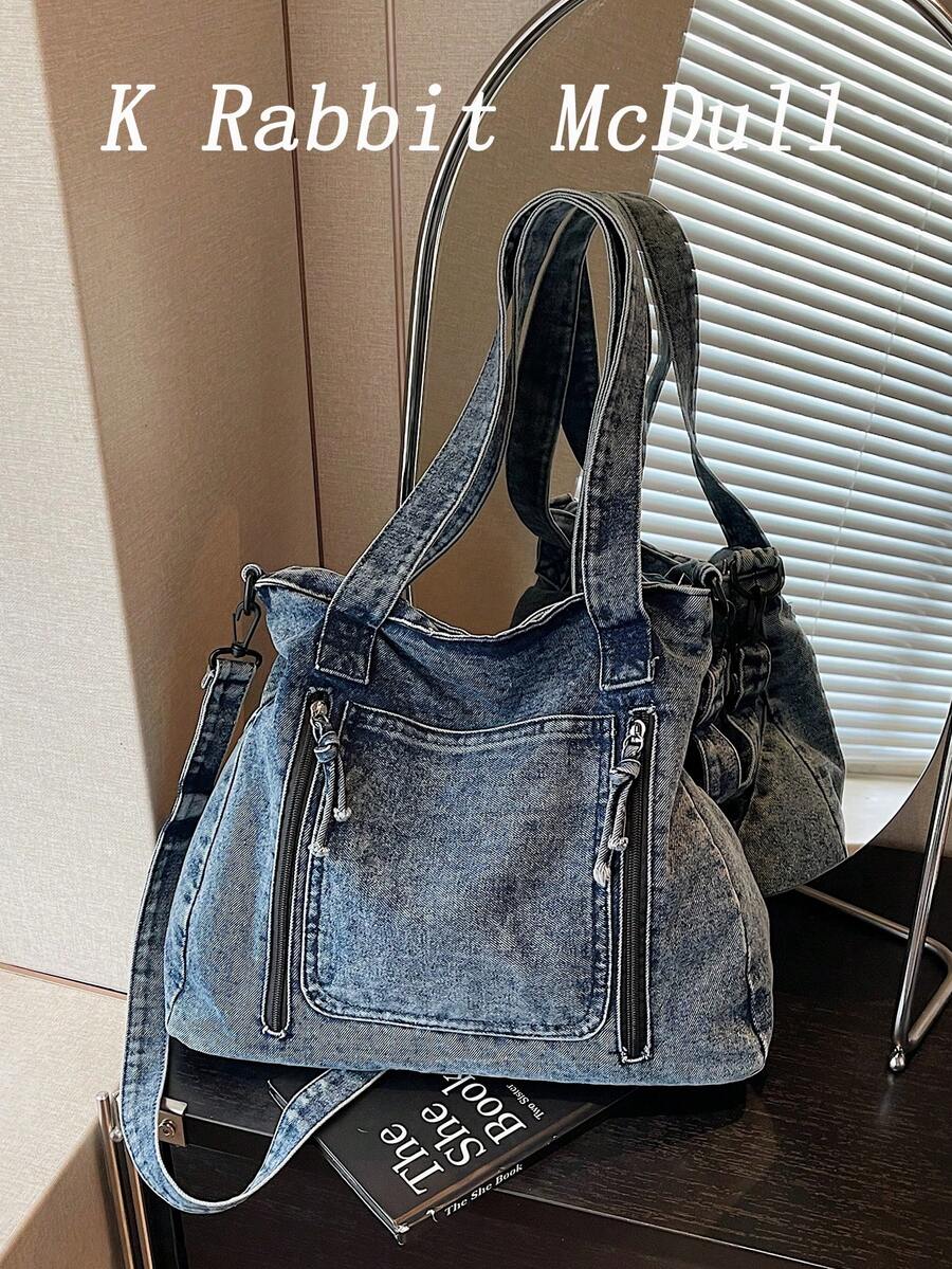 Tas Tote Jeans Cuci Kasual Chic Baru, Gaya Vintage, Kapasitas Besar, Tas Bahu Tunggal dengan Tali yang Dapat Dilepas dan Banyak Kantong, Tas Selempang