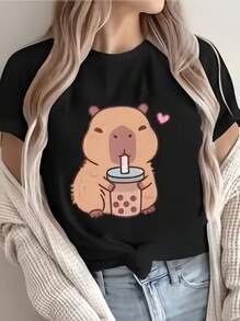 Women's Casual, Creative And Cute Capybara Graphic Pattern T-Shirt, Short-Sleeved, Basic And Stylish - 黑色1 - 查看 11