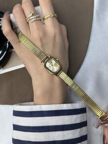 1 pieza Reloj de cuarzo con patrón de bambú cuadrado en oro/plata, adecuado para uso diario, regalo de cumpleaños, Navidad - Dorado - Ver 5