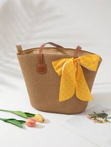 Set Topi Jerami dan Tas Anyaman Wanita, Topi Jerami Bertepi Lebar dengan Bagian Atas Datar Pelindung Matahari, Serbaguna untuk Perjalanan dan Fotografi - Topi khaki kuning - View 4