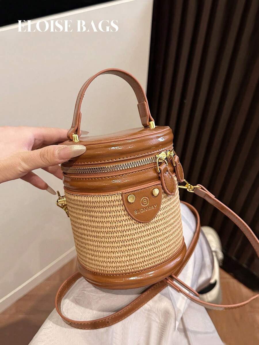Vintage French Style Cylinder Handbag Summer New Artificial Leather Patchwork Mini Bucket Bag Niche Shiny Patent Leather Trim Dual Zipper Design With Metal Rivet Nameplate Decoration Short Handle Detachable Long Shoulder Strap Hand-Carry Crossbody Dual-Use Women's Bag Vacation Travel Beach Commute Versatile Exquisite Petite Lightweight Woven Bucket Bag