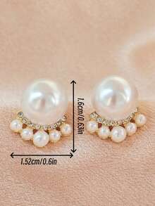 1 Pair White French Vintage Fashion Luxury Geometric Faux Pearl Rhinestone Stud Earrings, Suitable For Children Girls Daily And Holiday Wear - Multicolor - View 6