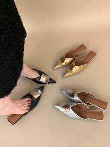 French Style Metal Square Buckle Closed Toe Slippers Women Outdoor Wear 2026 New Summer Slip-On Pointed Toe Fairy Sandals - Silver - View 2