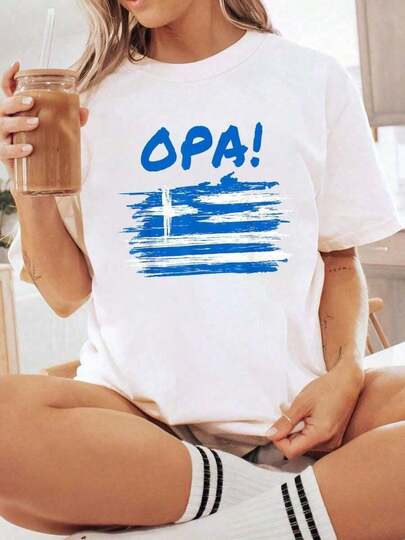 Women White Oversized Crew Neck Tee OPA! Vintage Brush Stroke Greece Flag Graphic 100% Cotton Greek Party Unisex Casual Summer Top