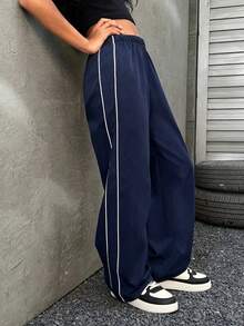 1件 青少年女孩簡約休閒百搭直筒長褲，適合運動、戶外、春夏秋冬、返校穿著 - 藍色 - 查看 5
