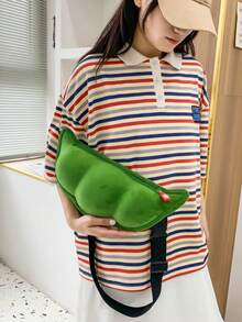 Funny Personalized Cute Pea One Shoulder Crossbody Chest Bag, Cute 3D Bean-Shaped Plush Crossbody Bag, Green Pea Pod Shoulder Bag With Zipper Closure, Creative Pea Pod Design, Suitable For Spring Outfits, Parties, Gifts, Bean Theme Shoulder Bag, Cute Green Soybean Shaped Crossbody Bag, Novelty Bag - Cute Pea-Shaped Fun Plush Chest Bag For Women, Suitable For Travel, Gatherings - Green - View 6