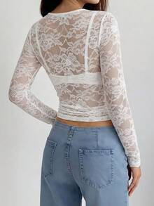 Women's Sheer Lace Round Neck Long Sleeve Top, Elegant Knitted Fabric Blouse - White - View 6