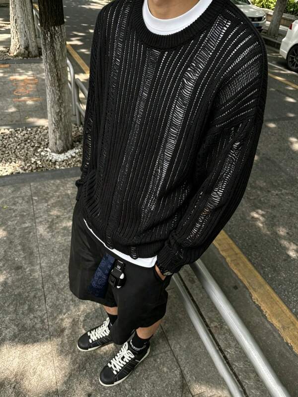 ANDREILEE Men's Unisex Knit Top Solid Color Semi-Sheer Street Casual Distressed Ribbed Crew Neck Long Sleeve Pullover T-Shirt Spring Autumn