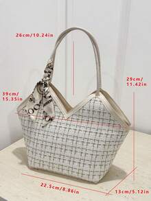 Sac cabas d'épaule en tweed avec décoration de nœud, léger et portable, style décontracté et mode, motif à carreaux, écharpe fine décorative, pour filles, femmes et étudiantes - Blanc - Voir 6